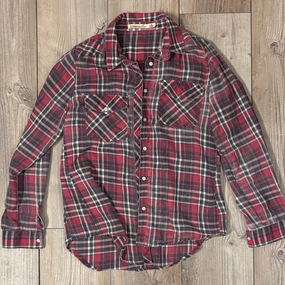 Liberty Love Red & Black Plaid Cotton Flannel Distressed Button Down Medium